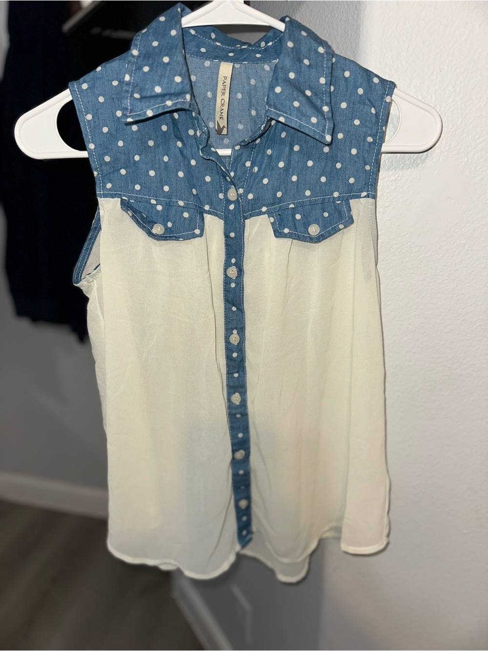 Paper Crane White Chiffon Tank with Blue Polka Dot Denim Yoke